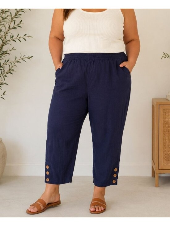 Naturals D&Co Pants - Naturals D&Co Blue Linen PullOn High Rise Pants Ankle Petite Coastal Casual 3XP